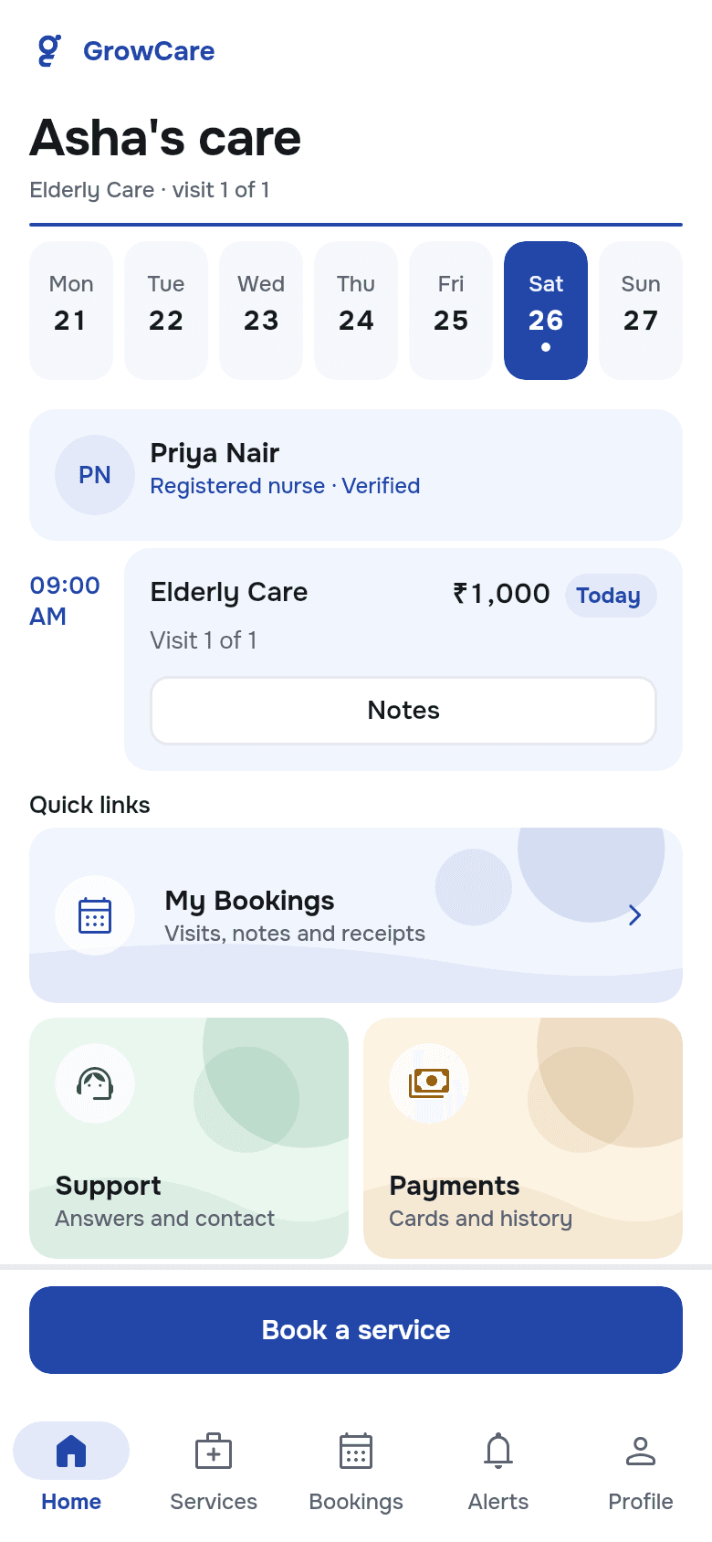 GrowCare home calendar with sample data, a scheduled visit and Home, Services, Bookings, Alerts and Profile navigation