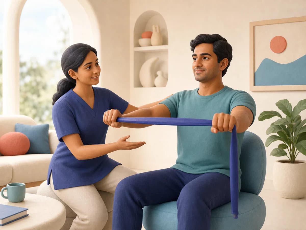 Illustration of a therapist guiding a patient at home